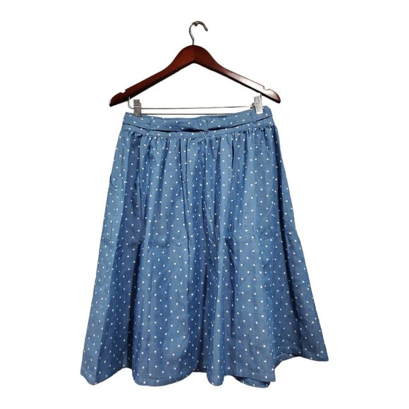 Mod Cloth Women's Blue White Polka Dot Chambray Skirt Button Pocket Casual Sz M - Picture 9 of 11
